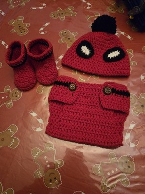Crochet Baby Newborn Deadpool Hat Cap Beanie  booties and diaper cover handmade