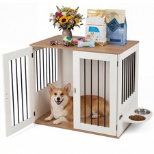 31.5  Dog Crate Furniture with Double Lock Doors, 360  Rotating Feeder, Bowls