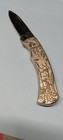 Stainless  Steel Embossed Pocket Knife Buck & Oak Leaves + Sheath Very Nice — photo 5