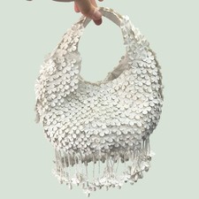 Handcrafted White Floral Sequin Beaded Fringe Hobo Handbag Wedding Evening Bag