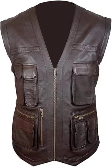 Men’s Brown Leather Vest Chris Pratt Jurassic World Biker Motorcycle Style