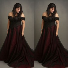 Black Gothic Wedding Dresses Tulle Wine Red Off Shouder Vintage Lace Bridal Gown