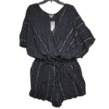 City Chic Romper Black Gold Metallic Stripe V Neck Kimono Sleeve Size 14