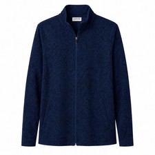 Chicos Travelers Grandview Texture Mock Neck Zip Jacket Navy Blue Paisley Size 3