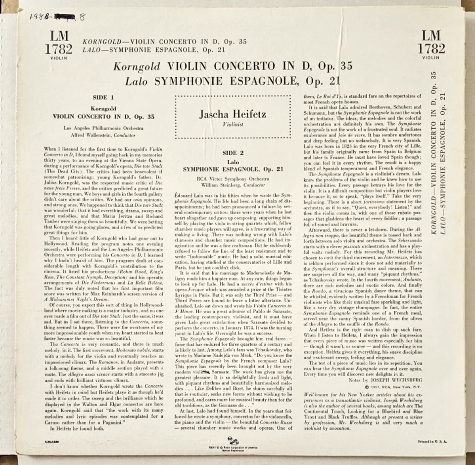 Korngold/Lalo Violin Concertos Heifetz/Wallenstein/Steinberg - RCA LM 1782 - Image 2 of 4