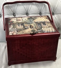 Cherry Wood Large Sewing Box With Notions Doubles As Foot Stool Has Handle