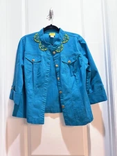 Ruby Rd Blue Beaded 3/4 sleeve button up light jacket sz12 Armpit To  Armpit 21”