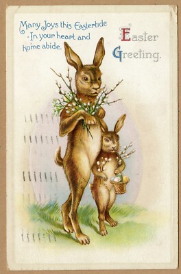 Postcard Easter Greetings Anthropomorphic Rabbit & Bunny Pussy Willow Basket