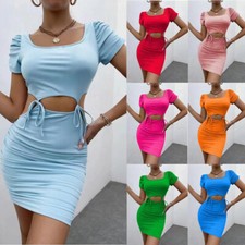 Women's Hollow Out Wrap Dress Square Neck Short Sleeve Bodycon Mini Dresses