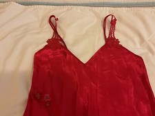 Women  s Red Satin Gown Lingerie Mid Length Embroidered Floral Size M