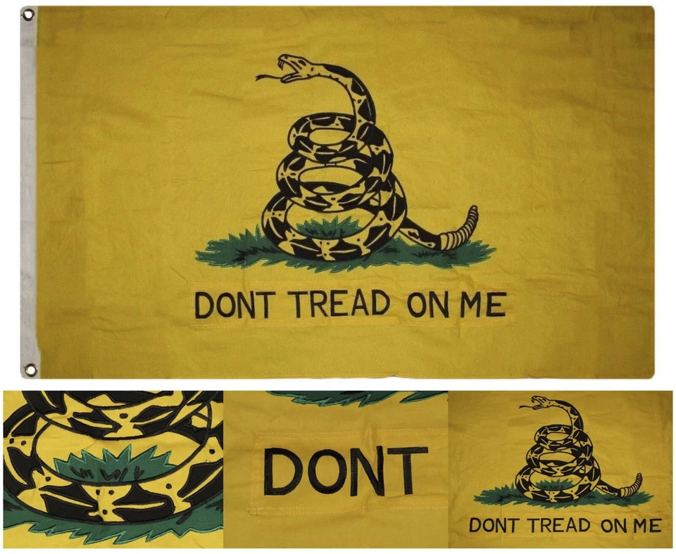 3x5 Bordado Gadsden Amarillo Doble Cara 100% Algodón Bandera 3'x5' Pin 2 Clips Foto 2 de 4