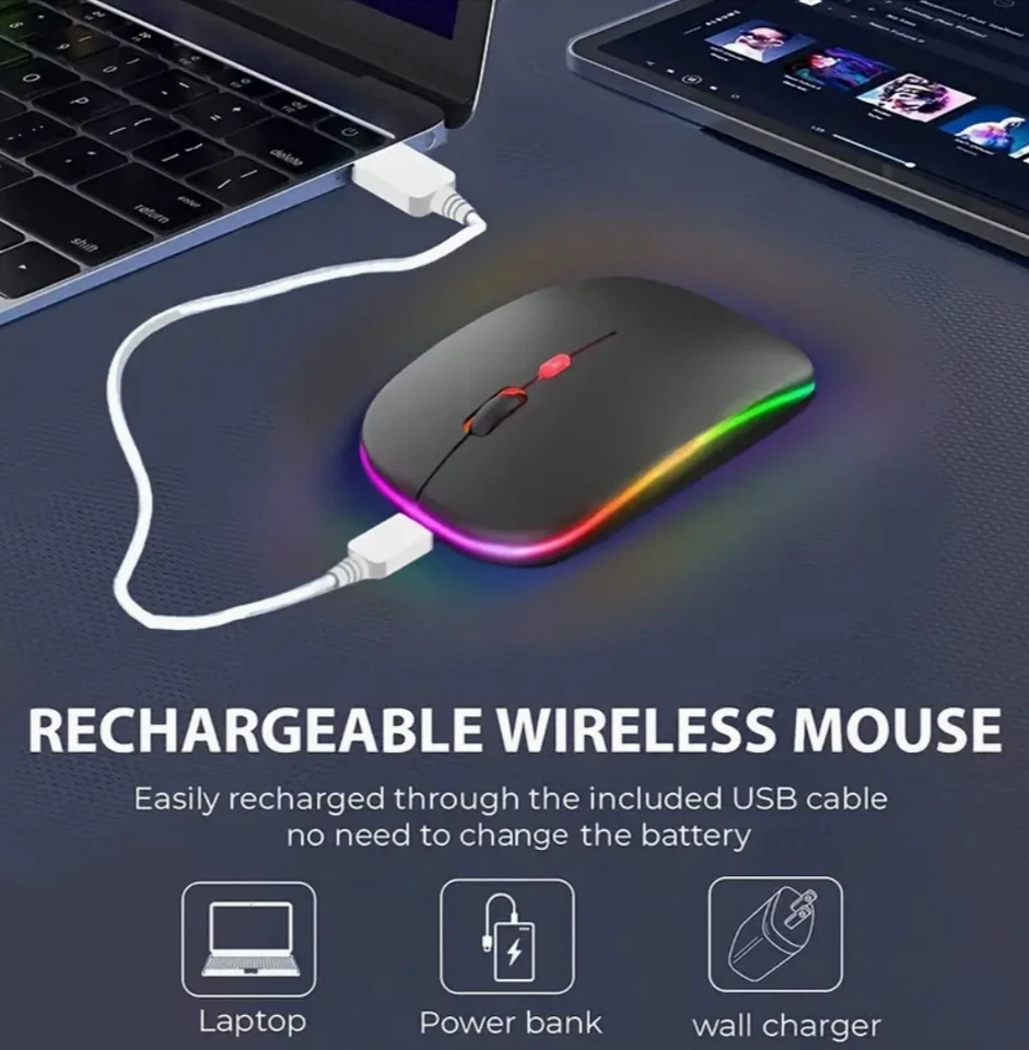 Mouse RGB LED Wireless Mouse Rechargeable Optical Silent Mice USB For PC Laptop - Image 3 of 4
