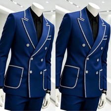 Men Suit Wedding Groom Rhinestone Trim Peak Lapel Prom Tuxedo Blazers Pant