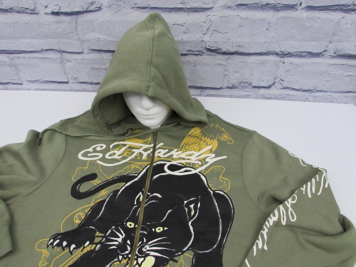 Ed Hardy Men's Crouching Panther Full Zip Hoodie Light Olive Size