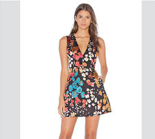 Alice & Olivia Patty Lantern Flower Dress Black Silk V Neck Sleeveless Shine 6