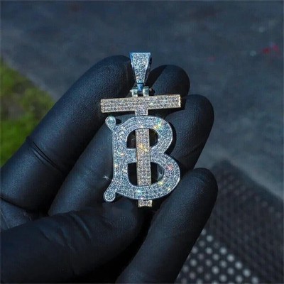 3Ct Round Cut Moissanite Custom Letter TB Men's Pendant 14K Two Tone Gold Plated