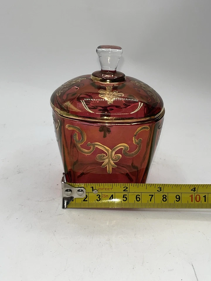 Vintage Gold Gilded Cranberry Naser al-Din Shah of Qajar Lidded Sugar Jar Dish - Image 3 of 4