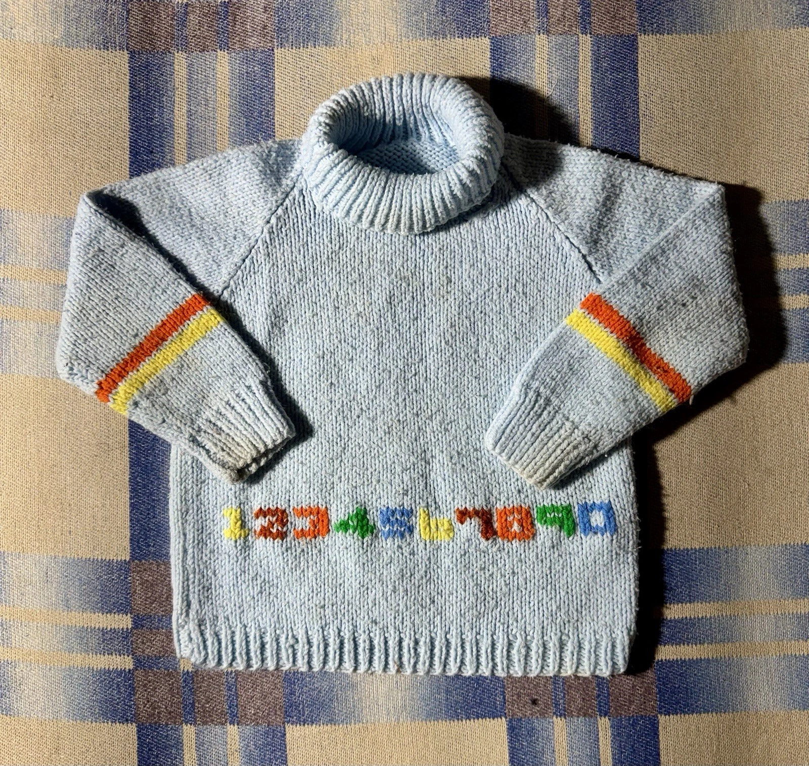 True Vintage 70s Hand Made Kids Boys Numerical Knitted Top Size 12 Months