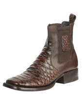 Genuine Leather Exotic Python Snake Print Square Toe Ankle Western Boots - Brown