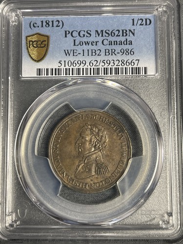 SUPER RARE c. 1812 WELLINGTON PENINSULAR 1/2 PENNY TOKEN BRETON 986 PCGS MS62BN