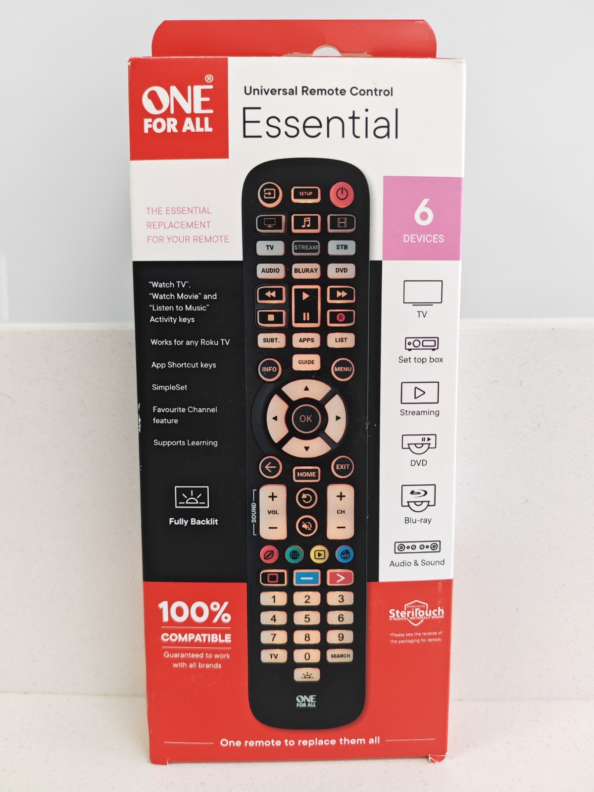 One For All Essential 6 Device Universal Remote Control Backlit URC3661 NEW