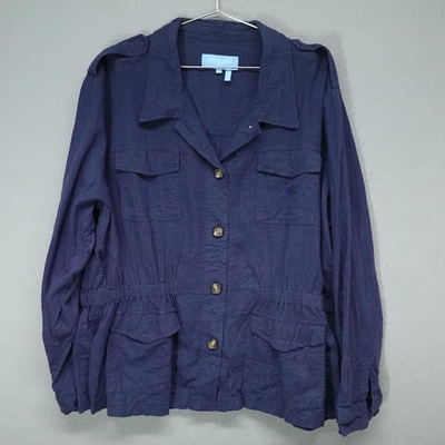 #ad Draper James RSVP Jacket Womens 2XL Navy Blue Linen Blend Utility Safari Button $20.99