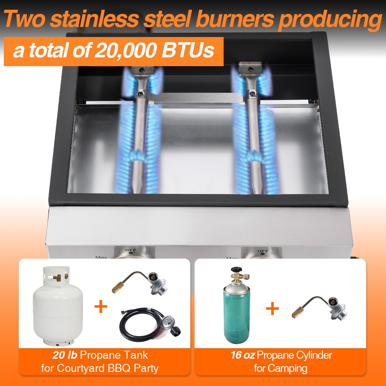 14 Inch Tabletop Gas Grill, 2 Burner Portable Flat Top Griddle with Legs, Cover