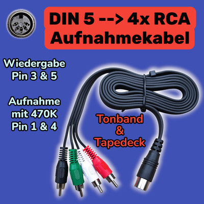 DIN 5 zu 4x Cinch / RCA mit Pegeldämpfung Aufnahmekabel kompatiebel  UHER K 557