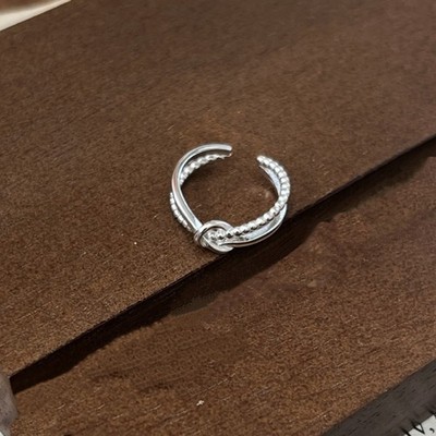 Women s Silver Plated Two Layer Beaded Knot Open Cuff Ring Adjustable Band Ring