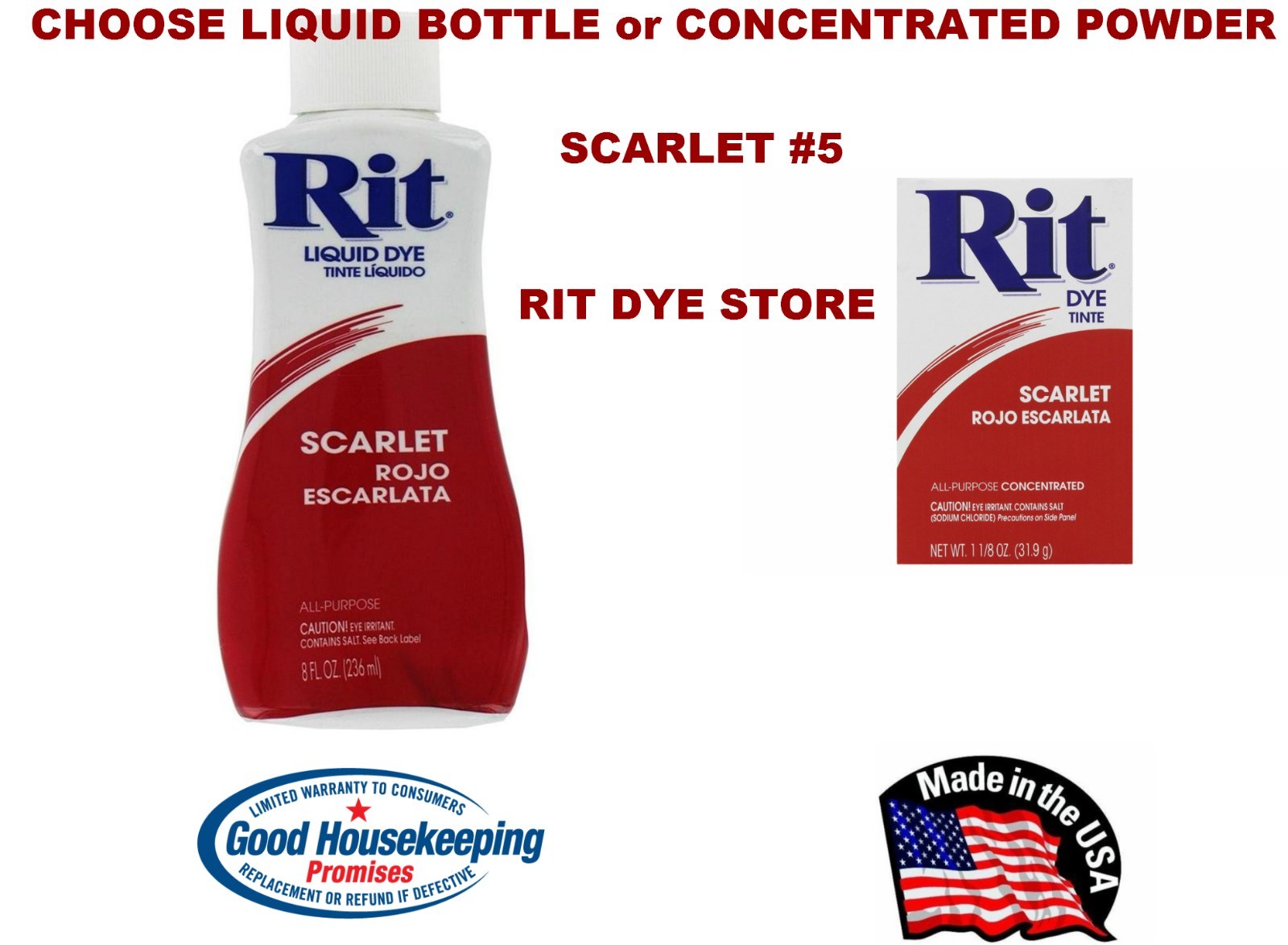 SCARLET #5 RIT Fabric DYE choose Liquid Bottle or Powder box ...