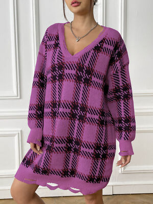 Fashion V-neck Plaid Dress Casual Loose Long-sleeved Dresses Autumn And  Winter W