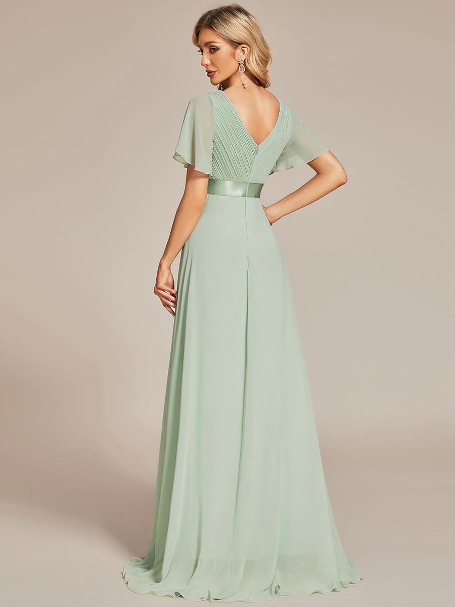 long empire waist evening dress with short flutter sleeves Beige Flutter Sleeve Midi Dress - All Dresses main image 1
