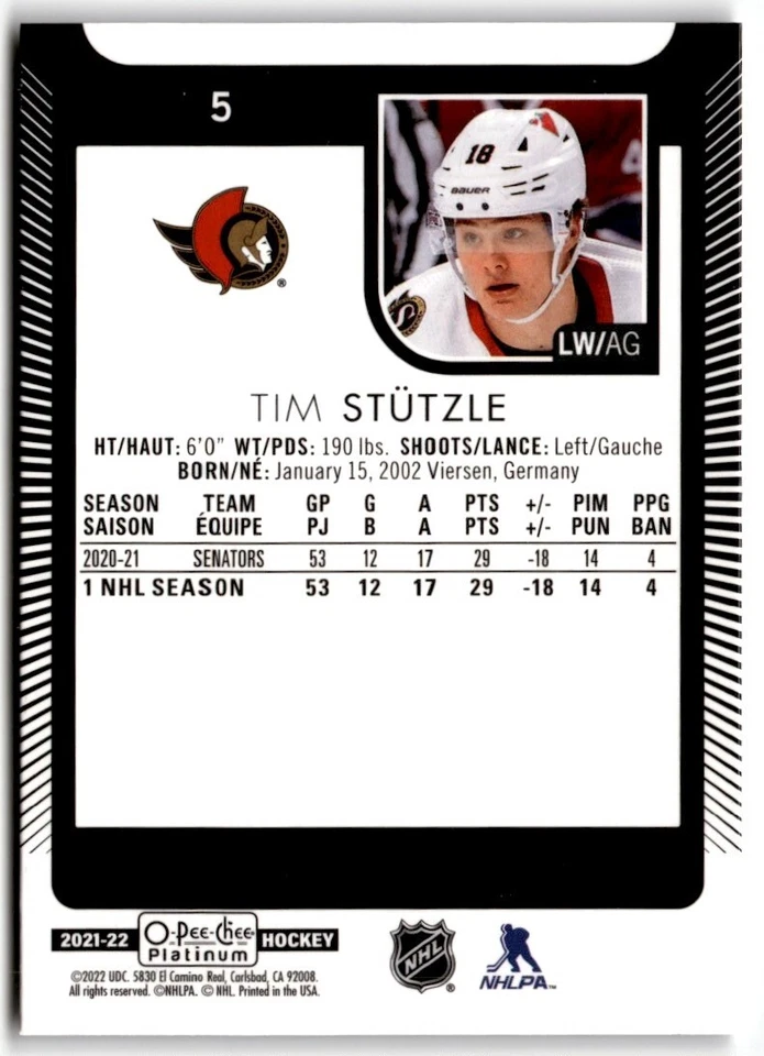 Tim Stutzle 2021-22 O-Pee-Chee Platinum #5 Ottawa Senators - Image 2 of 2