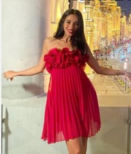 ZARA WOMAN NWT FW23 PLEATED RUFFLED MINI DRESS RASPBERRY SIZES L 3564/165