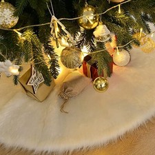 Christmas Tree Skirt Snowy Faux Plush Snowflake Cover Ornament Faux Fur White