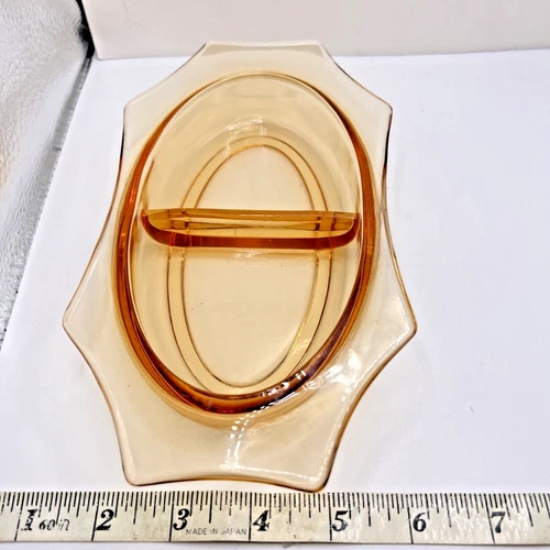 Depression Glass Divided Dish Vintage Amber Nut Candy Relish Bowl / Tray