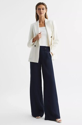 REISS LINA HIGH RISE PETITE WIDE LEG TROUSERS IN NAVY UK SIZE UK - Main Image