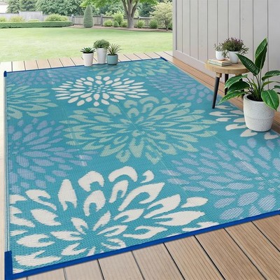 HEBE Waterproof Outdoor Rug 5x8 for Patios, Floral Reversible Plastic Straw R...