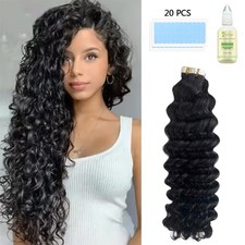 Tape In Hair Extensions Human Hair Deep Wave Black Color With Replacement Tapes