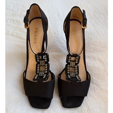 Vintage Prada Crystal Square Satin T Strap Thong Pumps Heels Black 90s Y2K