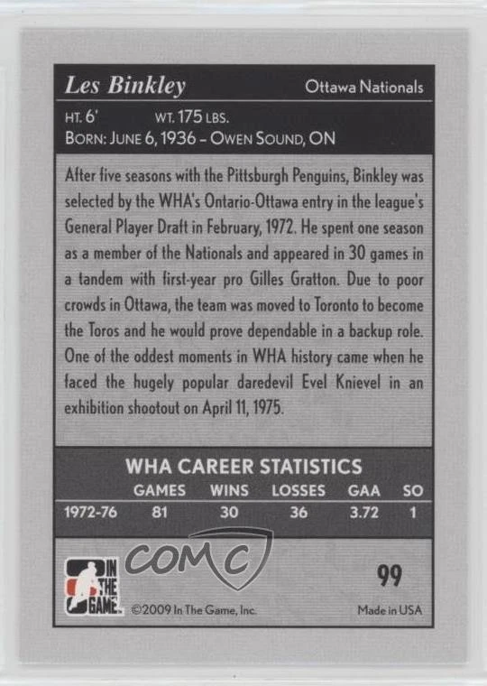 2008-09 ITG Between the Pipes Les Binkley #99 - Image 2 of 2