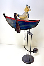 Vintage Folk Art Nautical Metal 17.25" Balance Toy Sailor Rowboat With Stand