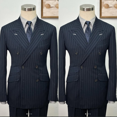 Striped Men's Suit Formal Navy Blue Business 2Pcs Offical Tuxedo Jacket Outfits