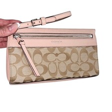 Coach Wristlet C Brand Logo Tan Pastel Blush Pink Canvas