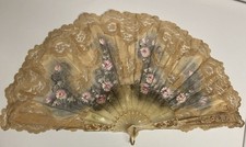 Vintage/Antique Folding Hand Fan, Hand Painted W/ Lace,Carvings  Signed