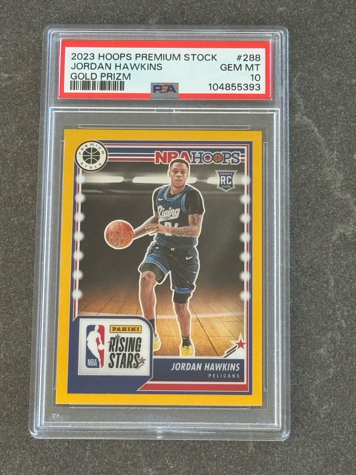 2023 Panini Hoops Premium Rising Stars Jordan Hawkins Gold Prizm 07/10 PSA 10
