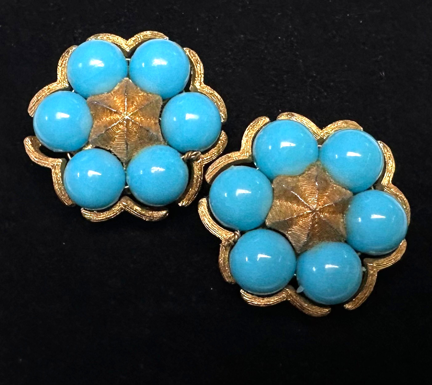 Vtg Costume Blue Bead Flower Gold Tone Clip-on Earrings Jewelry Lot J
