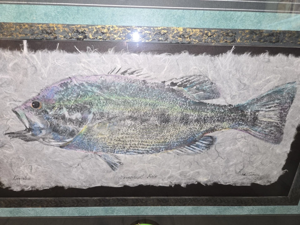 Antigo Isca de isca de pesca Frank Gee estampa Gyotaku grande XL boca robalo emoldurada com isca - Imagem 3 de 4