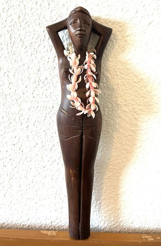 Alii Woods Honolulu Hawaiian Carved Wood Tiki Nude Lady Nutcracker Flower Lei