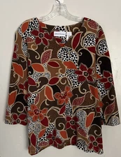 Alfred Dunner Womens (L) Multi Color Cotton Top 3/4  Sleeve Pullover